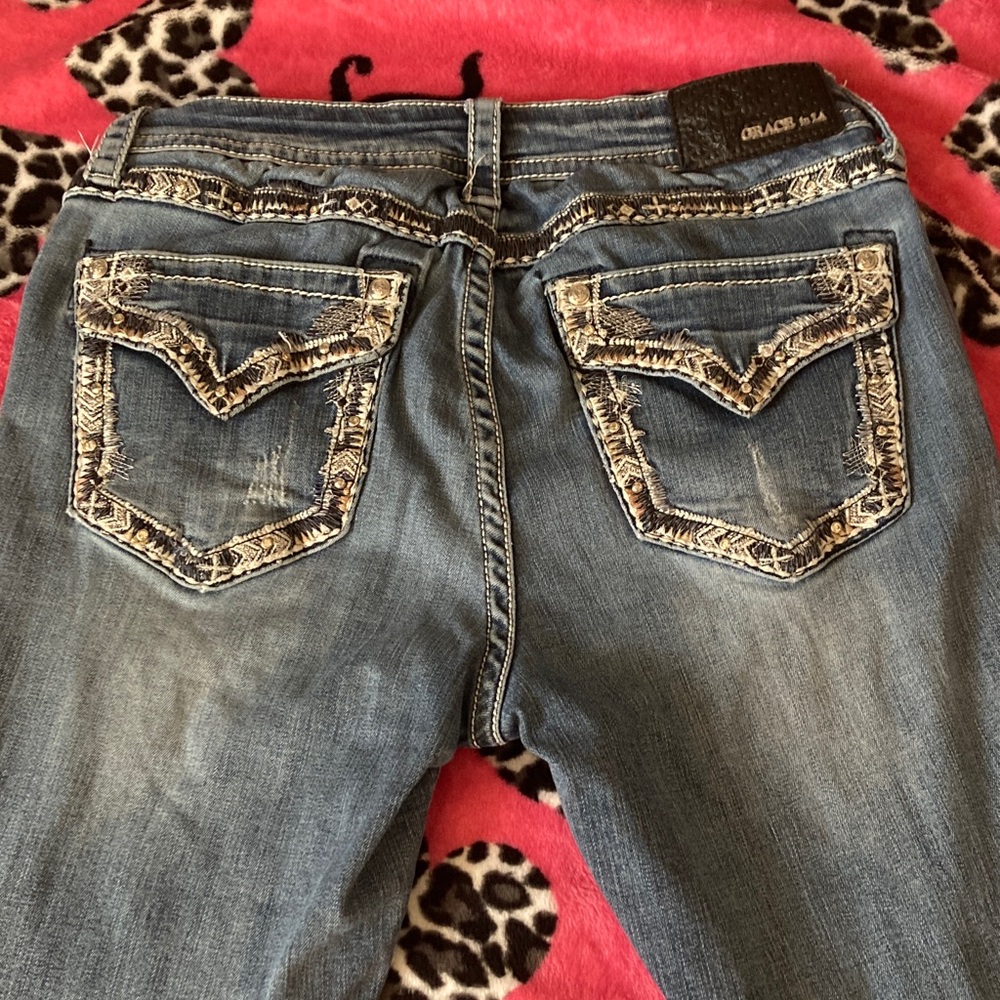 (PRICE DROP) Grace in LA Bootcut Blue Feather Jeans